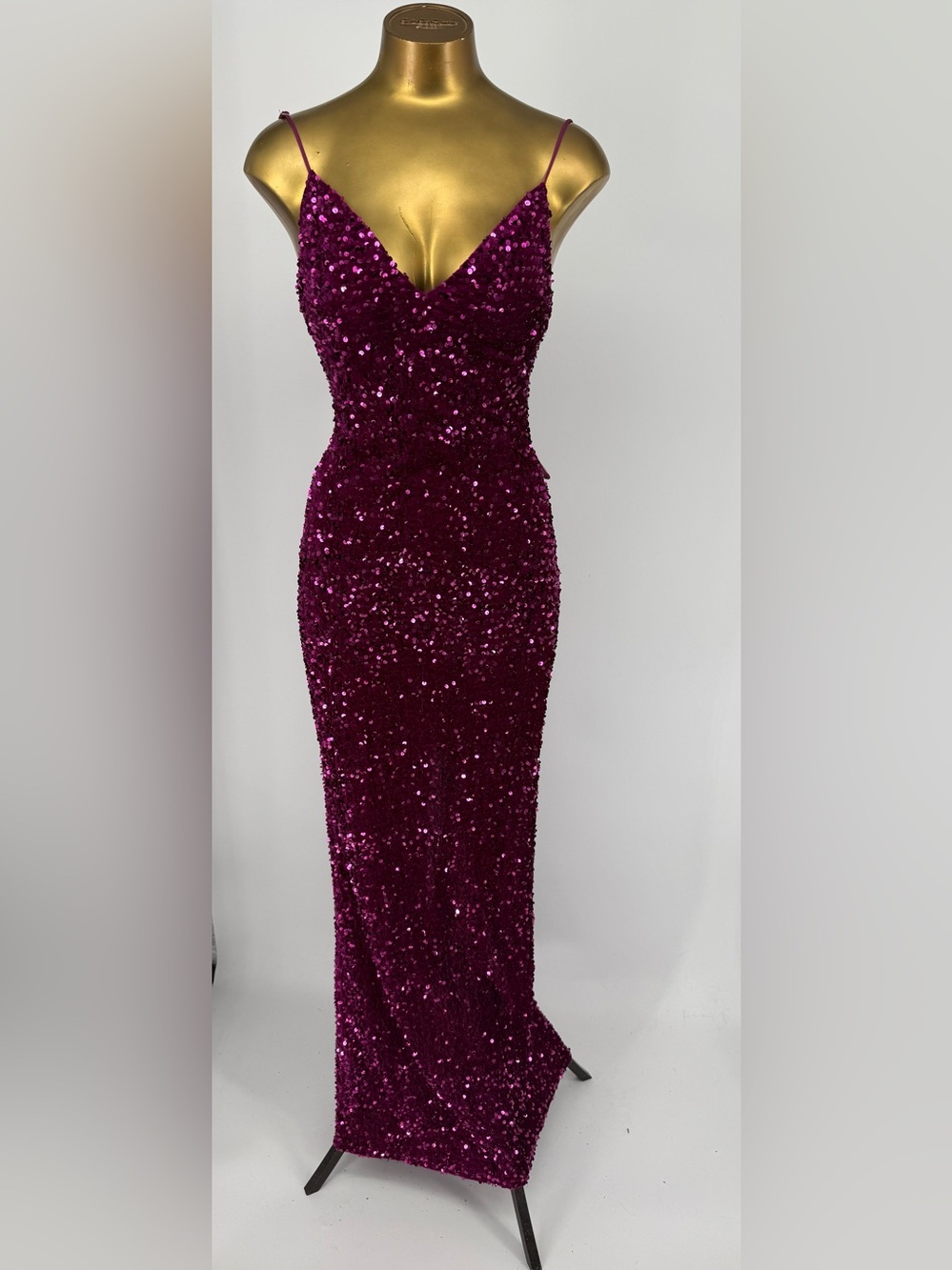 Lucy in the SKY Magenta Sequin Back Bow Spaghetti Strap Evening Gown Size Medium